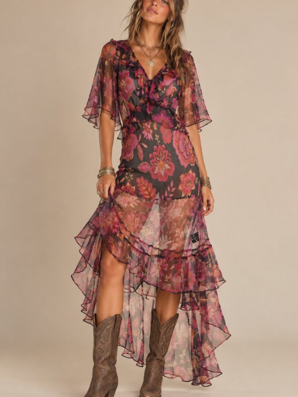 NWT Johnny Was JADE Luxxe Ruffle Maxi Dress Silk Floral PetrIa Sheer Boho